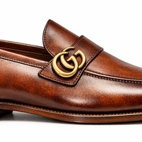 Crafted Leather Mens Designer Classic Brown Shaded Patina Leather Moccasin Loafers Dress Shoes - Thumbnail 1