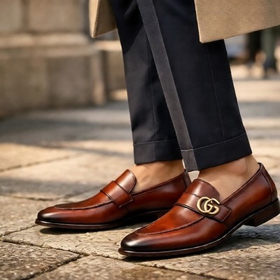 Crafted leather mens designer classic brown shaded patina leather moccasin loafers dress shoes - Thumbnail 1