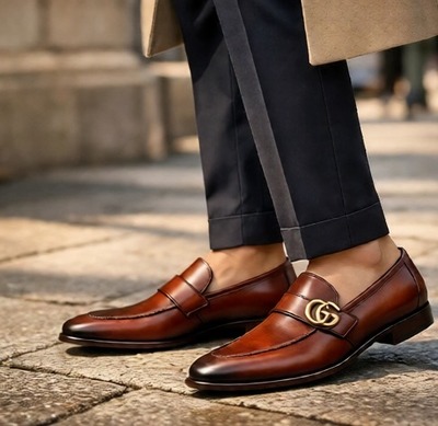 Crafted Leather Mens Designer Classic Brown Shaded Patina Leather Moccasin Loafers Dress Shoes