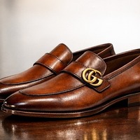 Crafted Leather Mens Designer Classic Brown Shaded Patina Leather Moccasin Loafers Dress Shoes - Thumbnail 1