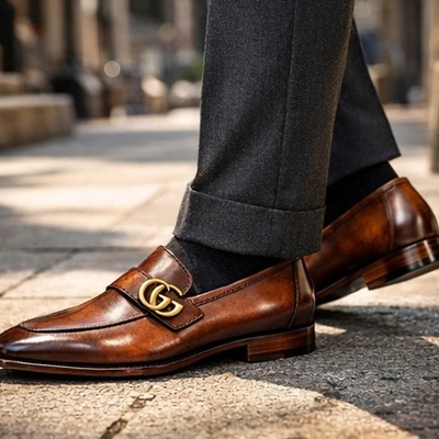 Crafted leather mens designer classic brown shaded patina leather moccasin loafers dress shoes - Thumbnail 1