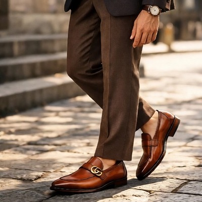 Crafted leather mens designer classic brown shaded patina leather moccasin loafers dress shoes - Thumbnail 1