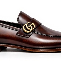 Crafted Leather Mens Designer Classic Luxury Darker Patina Leather Moccasin Loafers Dress Shoes - Thumbnail 1