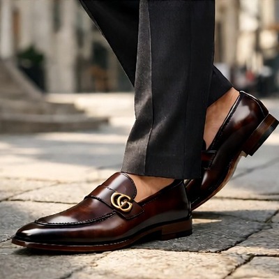 Crafted leather mens designer classic luxury darker patina leather moccasin loafers dress shoes - Thumbnail 1