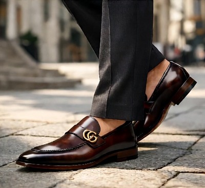 Crafted Leather Mens Designer Classic Luxury Darker Patina Leather Moccasin Loafers Dress Shoes