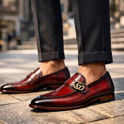 Crafted leather mens designer classic luxury red patina leather moccasin loafers dress shoes - Thumbnail 1