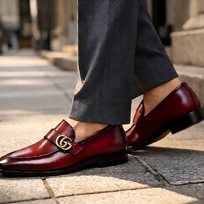 Crafted leather mens designer classic luxury red patina leather moccasin loafers dress shoes - Thumbnail 1