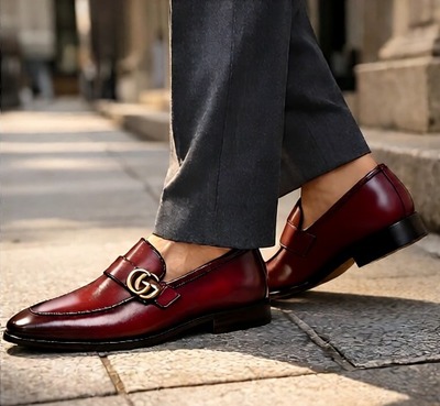 Crafted Leather Mens Designer Classic Luxury Red Patina Leather Moccasin Loafers Dress Shoes