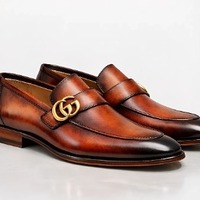 Crafted Leather Mens Designer Classic Luxury Brown Shaded Patina Leather Moccasin Loafers Dress Shoes - Thumbnail 2