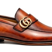 Crafted Leather Mens Designer Classic Luxury Brown Shaded Patina Leather Moccasin Loafers Dress Shoes - Thumbnail 1