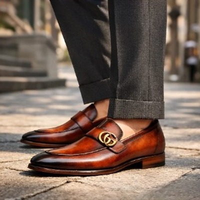 Crafted leather mens designer classic luxury brown shaded patina leather moccasin loafers dress shoes - Thumbnail 1