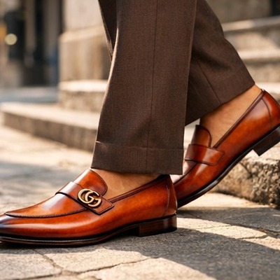 Crafted leather mens designer classic luxury tan brown shaded patina leather moccasin loafers dress shoes - Thumbnail 1