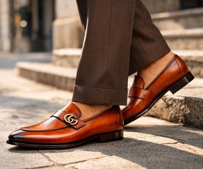 Crafted Leather Mens Designer Classic Luxury Tan Brown Shaded Patina Leather Moccasin Loafers Dress Shoes