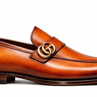 Crafted Leather Mens Designer Classic Luxury Tan Brown Shaded Patina Leather Moccasin Loafers Dress Shoes - Thumbnail 2