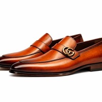 Crafted Leather Mens Designer Classic Luxury Tan Brown Shaded Patina Leather Moccasin Loafers Dress Shoes - Thumbnail 1