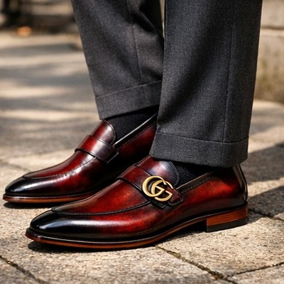 Crafted leather mens designer classic luxury burgundy black shaded patina leather moccasin loafers dress shoes - Thumbnail 1