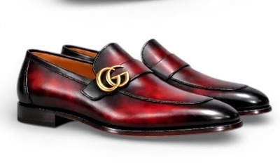 Crafted Leather Mens Designer Classic Luxury Red Black Shaded Patina Leather Moccasin Loafers Dress Shoes