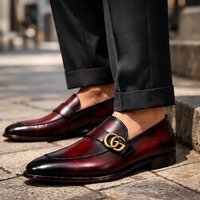 Crafted Leather Mens Designer Classic Luxury Red Black Shaded Patina Leather Moccasin Loafers Dress Shoes - Thumbnail 2