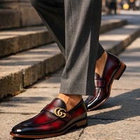 Crafted Leather Mens Designer Classic Luxury Dark Red Black Shaded Patina Leather Moccasin Loafers Dress Shoes - Thumbnail 3