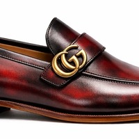 Crafted Leather Mens Designer Classic Luxury Dark Red Black Shaded Patina Leather Moccasin Loafers Dress Shoes - Thumbnail 1