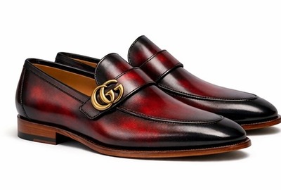 Crafted Leather Mens Designer Classic Luxury Dark Red Black Shaded Patina Leather Moccasin Loafers Dress Shoes