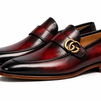 Crafted Leather Mens Designer Classic Luxury Dark Red Black Shaded Patina Leather Moccasin Loafers Dress Shoes - Thumbnail 2