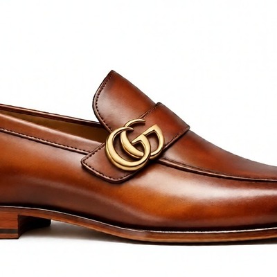 Crafted leather mens designer classic luxury brown patina leather moccasin loafers dress shoes - Thumbnail 1