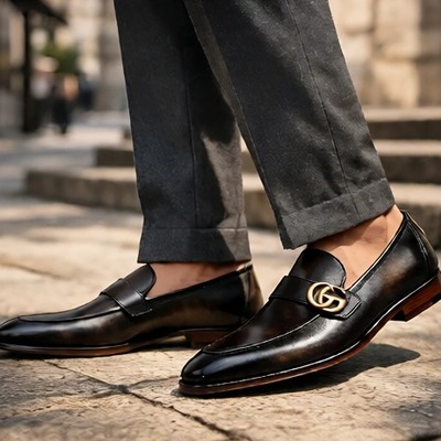 Crafted leather mens designer classic luxury dark black / mix brown patina leather moccasin loafers dress shoes - Thumbnail 2