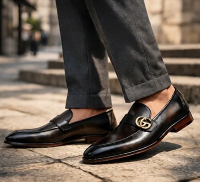 Crafted Leather Mens Designer Classic Luxury Dark Black / Mix Brown Patina Leather Moccasin Loafers Dress Shoes