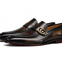 Crafted Leather Mens Designer Classic Luxury Dark Black / Mix Brown Patina Leather Moccasin Loafers Dress Shoes - Thumbnail 2