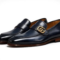 Crafted Leather Mens Designer Classic Luxury Sapphire Patina Leather Moccasin Loafers Dress Shoes - Thumbnail 2