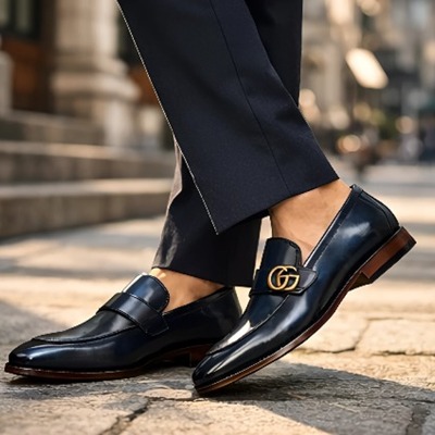 Crafted leather mens designer classic luxury sapphire patina leather moccasin loafers dress shoes - Thumbnail 1