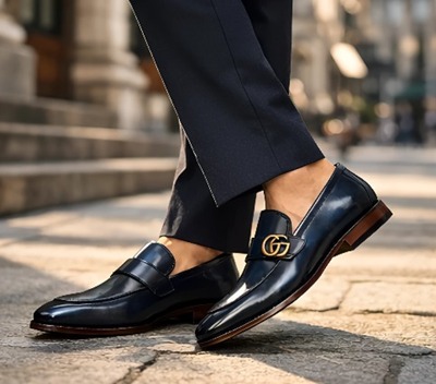 Crafted Leather Mens Designer Classic Luxury Sapphire Patina Leather Moccasin Loafers Dress Shoes