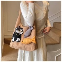 Cute Cat Fish Fleece Bag Shoulder Bag - Thumbnail 3