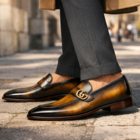 Crafted Leather Mens Designer Classic Luxury Brown Black Shaded Patina Leather Moccasin Loafers Dress Shoes - Thumbnail 1