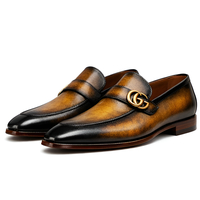 Crafted Leather Mens Designer Classic Luxury Brown Black Shaded Patina Leather Moccasin Loafers Dress Shoes - Thumbnail 2