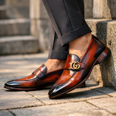 Crafted leather mens designer classic luxury patina leather moccasin loafers dress shoes - Thumbnail 1