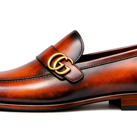 Crafted Leather Mens Designer Classic Luxury Patina Leather Moccasin Loafers Dress Shoes - Thumbnail 1