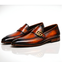 Crafted Leather Mens Designer Classic Luxury Patina Leather Moccasin Loafers Dress Shoes - Thumbnail 2