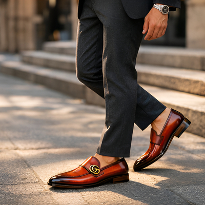 Crafted leather mens designer classic luxury patina leather moccasin loafers dress shoes - Thumbnail 1