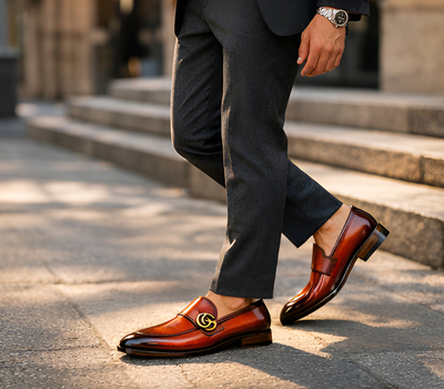 Crafted Leather Mens Designer Classic Luxury Patina Leather Moccasin Loafers Dress Shoes