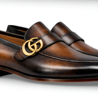 Crafted Leather Mens Designer Classic Luxury Brown Black Shaded Patina Leather Moccasin Loafers Dress Shoes - Thumbnail 1