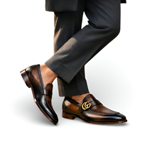 Crafted Leather Mens Designer Classic Luxury Brown Black Shaded Patina Leather Moccasin Loafers Dress Shoes - Thumbnail 2