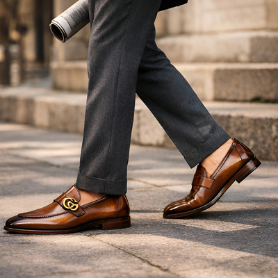 Crafted leather mens designer classic luxury brown patina leather moccasin loafers dress shoes - Thumbnail 1