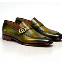 Crafted Leather Mens Designer Classic Luxury Green Yellow Patina Leather Moccasin Loafers Dress Shoes - Thumbnail 2