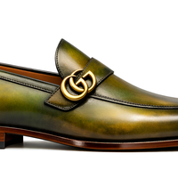 Crafted Leather Mens Designer Classic Luxury Green Yellow Patina Leather Moccasin Loafers Dress Shoes - Thumbnail 1