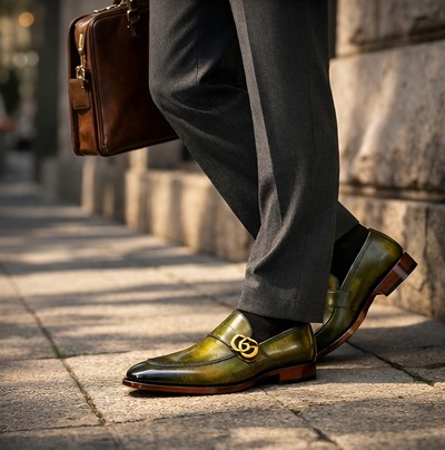 Crafted Leather Mens Designer Classic Luxury Green Yellow Patina Leather Moccasin Loafers Dress Shoes