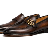 Crafted Leather Mens Designer Classic Luxury Darker Black Brown Shaded Patina Leather Moccasin Loafers Dress Shoes - Thumbnail 1