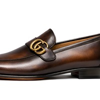 Crafted Leather Mens Designer Classic Luxury Darker Black Brown Shaded Patina Leather Moccasin Loafers Dress Shoes - Thumbnail 2