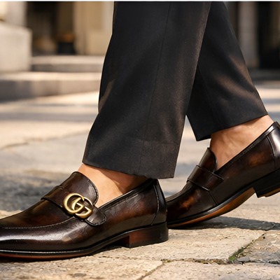 Crafted leather mens designer classic luxury darker black brown shaded patina leather moccasin loafers dress shoes - Thumbnail 1